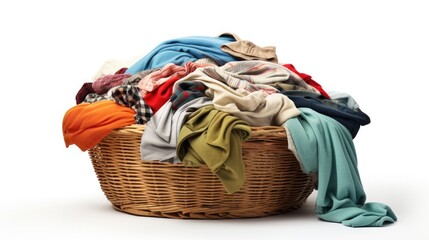 Overturned laundry basket full of clothes isolated on white