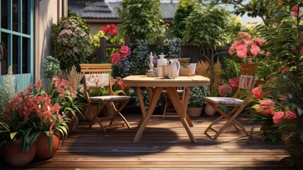Fototapeta na wymiar Neat and tidy terrace with wooden garden furniture and plants on table