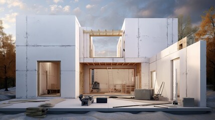 modern House under construction with polystyrene insulation almost ready . - obrazy, fototapety, plakaty