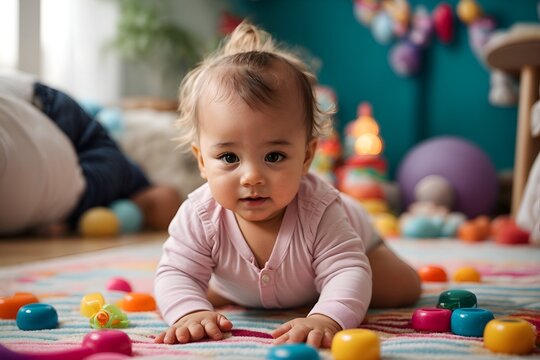 Baby during tummy time, effort to lift their head and engage with colorful toys on the mat.