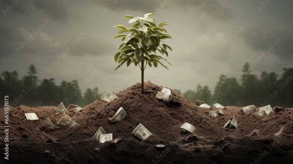 Poster trees are growing with money and fertile soil as a financial and investment idea.