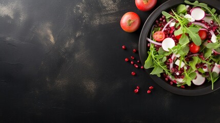 Fresh spring salad with rucola, feta cheese, red onion and pomegranate seeds in black bowl on chalkboard background with free text space.