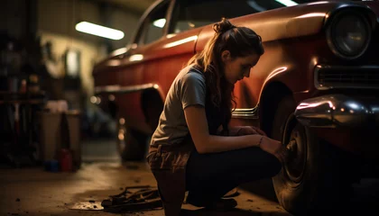 Cercles muraux Voitures anciennes female mechanic repairing a vintage car Generative AI