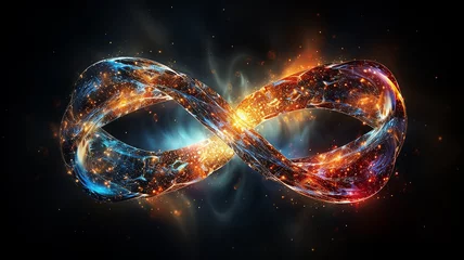 Fotobehang glowing multicolored infinity symbol galaxy black cosmos, singularity sign isolated on background © kichigin19