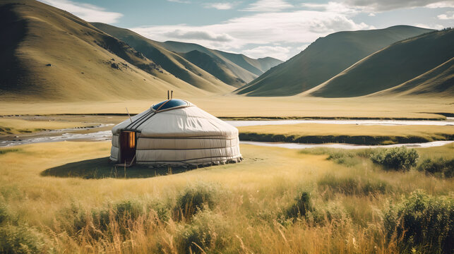 Yurt National old house of asian peoples. Kazakhstan yurta on summer background of green meadows and highlands