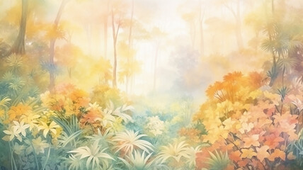 Obraz na płótnie Canvas watercolor image indian summer in the jungle rainforest in the tones of golden autumn and leaf fall