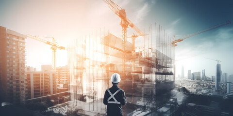 Concept banner industry business future building engineering project, double exposure graphic design and toning. Engineer worker background construction site with equipment technology, sunlight - obrazy, fototapety, plakaty