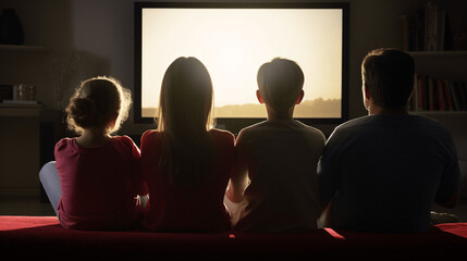 Family watching movie on television at night, back view. Back view