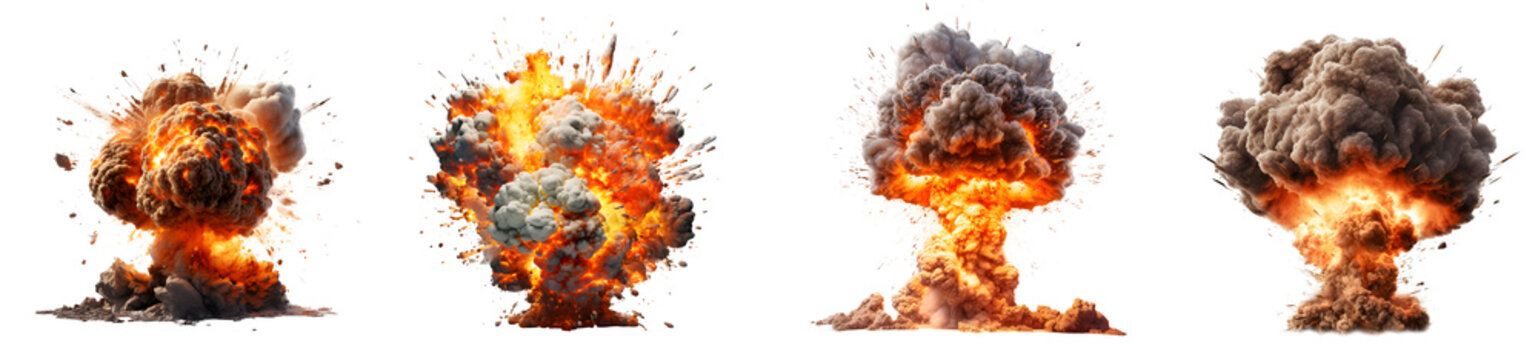 Set of Terrible explosion of a nuclear bomb with a mushroo, Hydrogen bomb test. Nuclear catastrophe idea concept deign, isolated on white and transparent background