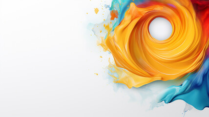 white round frame surrounded by a swirl of liquid multicolored paint, ink. copy space background, isolated on white background