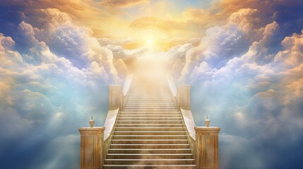 Stairs to Doors Paradise - concept on religions Faith, forgiveness to God, Heavenly gate sunbeam gold motivation imagination, heaven above stairs in fog and under light 2021,happy new year 2022 - obrazy, fototapety, plakaty