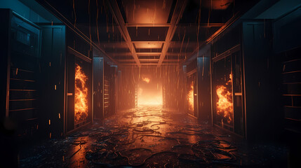 Server room Burning. Data center and supercomputer technology in fire. Generation AI - obrazy, fototapety, plakaty
