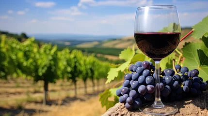 Fotobehang Verre de vin rouge et grappe de raisin au milieu d'un vignoble en France. © Ziyan Yang