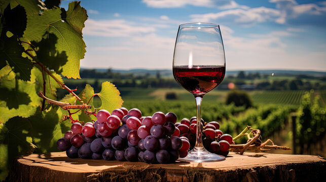 Verre de vin rouge et grappe de raisin au milieu d'un vignoble en France.