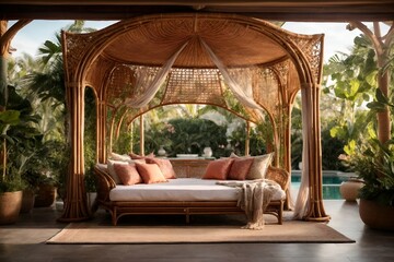 A grand rattan canopy bed in the center of your garden