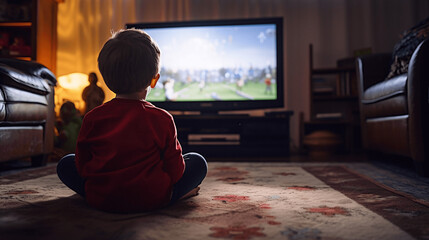 Little boy sitting on the floor in front of a television watching a football match - obrazy, fototapety, plakaty