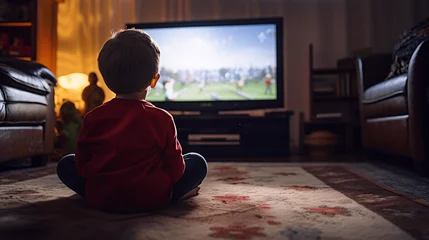 Poster Little boy sitting on the floor in front of a television watching a football match © Argun Stock Photos