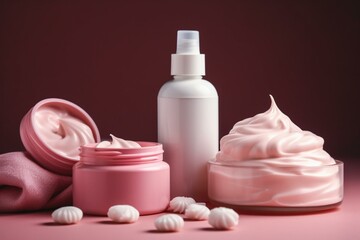 Obraz na płótnie Canvas Pink lotions and creams for cosmetic purposes. Generative AI