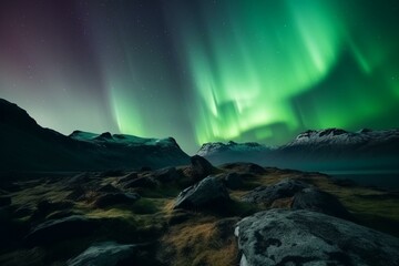 Landscape with rocky terrain and mesmerizing aurora borealis. Beautiful sky of green hue provides ample copy-space. Generative AI