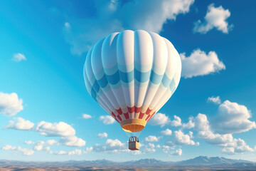 Fototapeta na wymiar A white hot air balloon floats weightlessly across a bright blue sky.