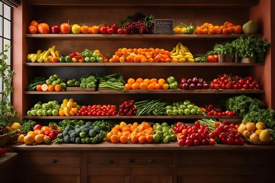 Kitchen shelves used to display fresh fruits and vegetables,
