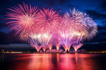 fireworks in the city. New Year's Night Aglow: A Dazzling Fireworks Spectacle, Painting the Sky with Vibrant Colors and Shapes. New Year Celebration.