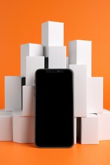 White smart phone with white screen on orange background. 3 d rendering illustration.