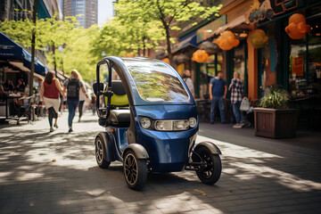 Small three-wheeled electric vehicle in a city centre market, coexisting with the various pedestrians.