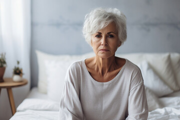 Caucasian mature woman frustrating while sit alone on bed in bedroom, Attractive old female upset depressed feel infuriating, sad and upset with life problem in house, Health care Medical Concept - obrazy, fototapety, plakaty
