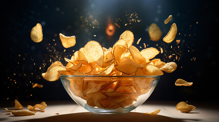 Potato chips flying in bowl - obrazy, fototapety, plakaty