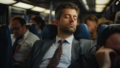 Businessman sleeping in a bus.