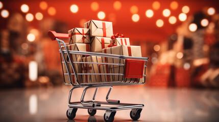 Boxes and shopping carts for Christmas eve on Bright solid red background.