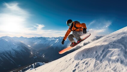 Flying snowboarder on mountains. Extreme winter sport.