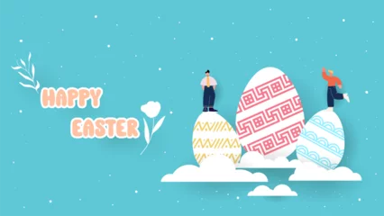 Tuinposter Bunny silhouette.easter seamless pattern with bunnies and easter. Hand drawn easter horizontal background with bunnies, flowers, Illusion of depth.A4 abstract color 3d paper art.Eggs.butterfly. eps10 © อิทธิพล สิทธิแพทย์