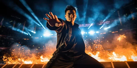 Afwasbaar fotobehang Young man performing kung fu at the stadium © Meow Creations