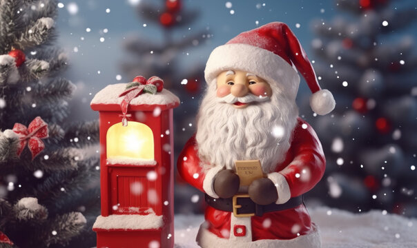 santa hoding gift box on snowfall