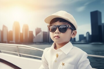 Fashion cute Korean kid. Little Asian boy posing on sea city view. Generate ai