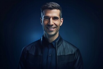 Fototapeta premium Front view of smiling man. Attractive young male posing on dark background. Generate ai