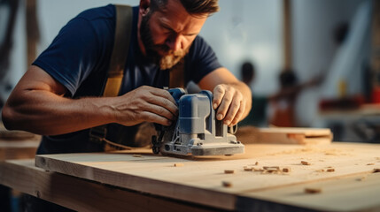 Fototapeta na wymiar Male carpenter working with piece of wood in workshop of furniture manufacture.