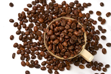 Black coffee and coffee beans on white background
