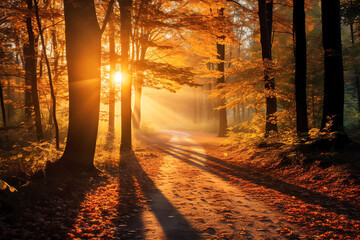Beautiful autumn forest nature with vivid morning light background