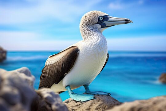 The rare blue-footed booby rests on the beach.