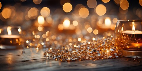 Christmas background with candles and golden garland - obrazy, fototapety, plakaty