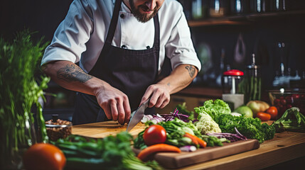 Chef is preparing food ingredients on a wooden board in a restaurant kitchen - obrazy, fototapety, plakaty