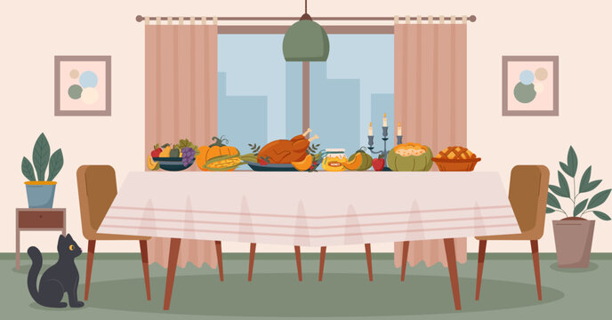 Big table with food in home interior. Thanksgiving turkey. Thanksgiving, holiday, family, Christmas concept.