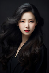 Fototapeta premium a Korean woman top model. long black hair. dark background, dark style. prety. beatiful woman asian. 