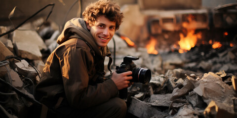 Young journalists reporting on the battlefield - obrazy, fototapety, plakaty