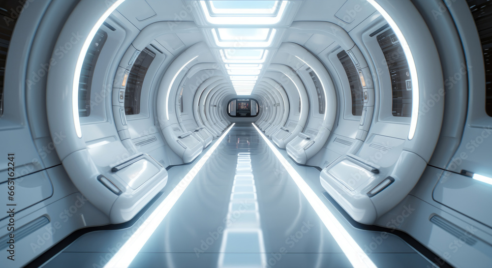 Aufkleber empty futuristic spaceship corridor.