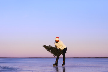 Santa Claus on ice skates goes to Christmas. Santa Claus hurries to meet the New Year with gifts...