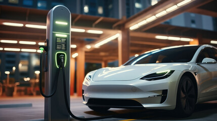 Fototapeta premium EV electric car recharge at shopping center parking lot charging in city, Green clean rechargeable energy of electric vehicle.